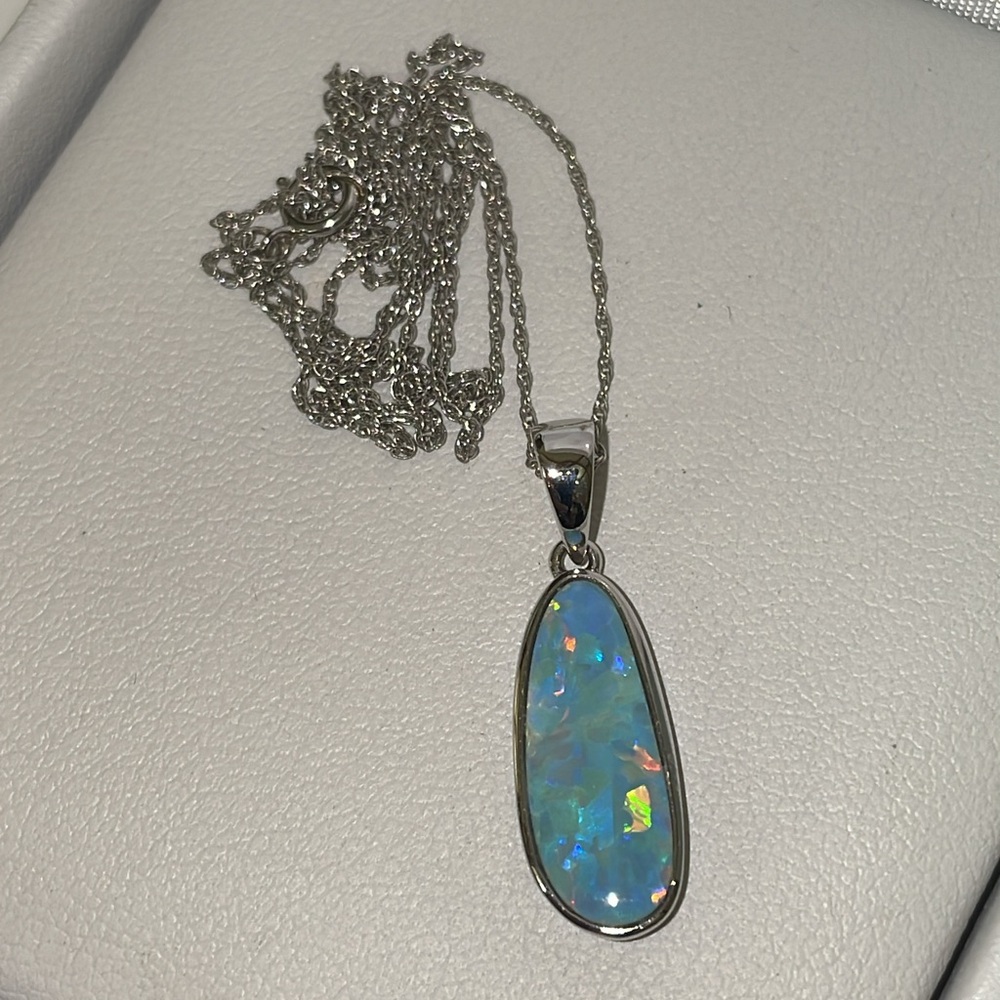 Solid Stamped 14K White Gold Australian Opal Modern Bezel Pendant Necklace